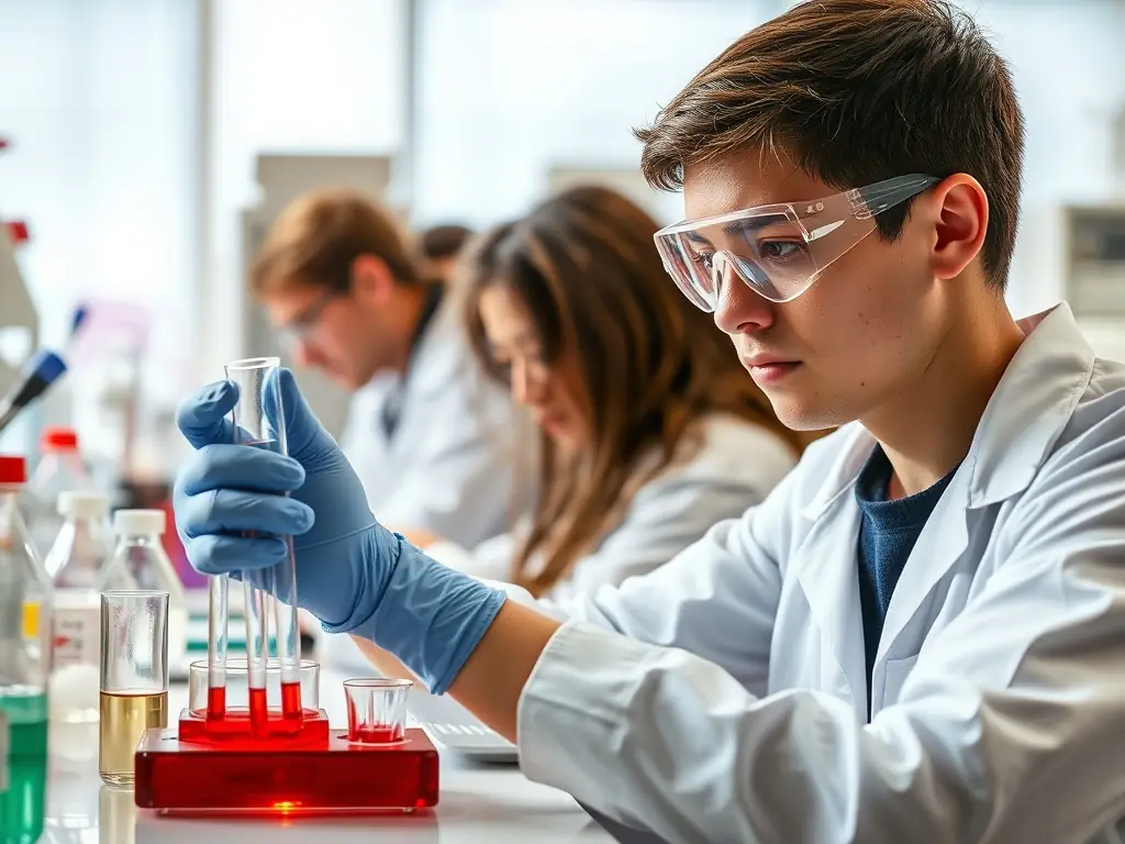 A focused student in a lab coat conducting research, symbolizing the research-intensive nature of fellowships.