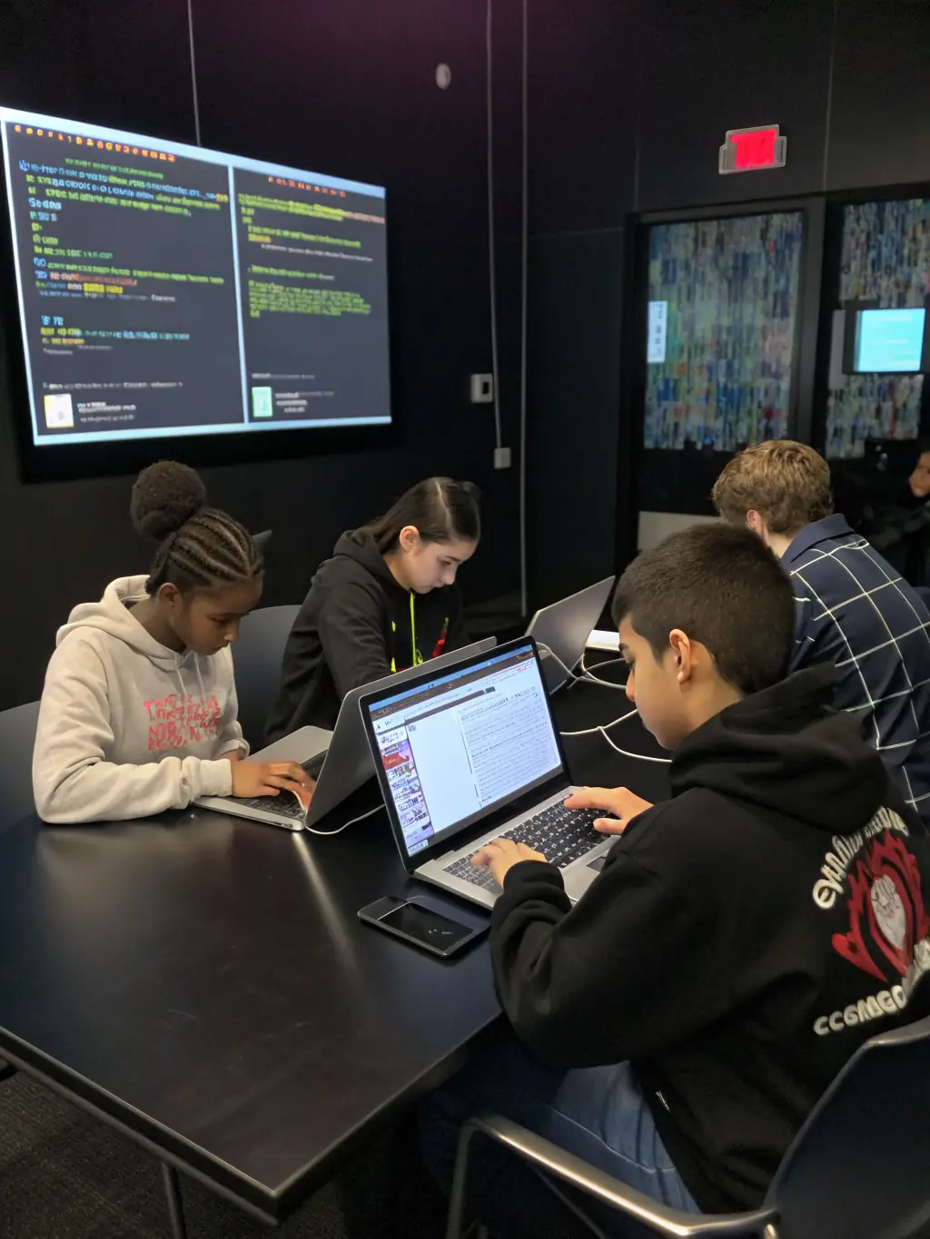 A group of students working on a coding project during a summer school program, demonstrating practical skills and innovation.