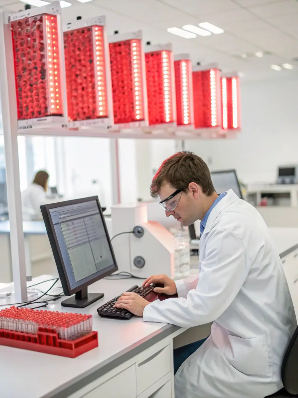 A researcher in a lab coat examining data on a computer screen, representing the analytical and research-oriented nature of many fellowships.