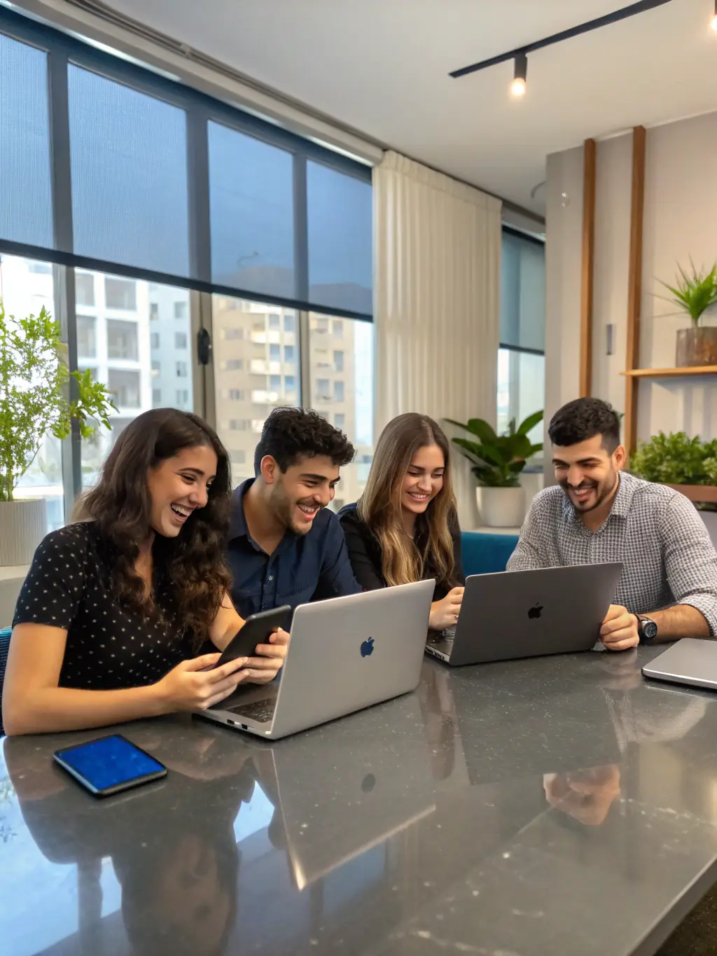 A diverse group of fellows collaborating on a project in a modern, sunlit co-working space, symbolizing teamwork and innovation.