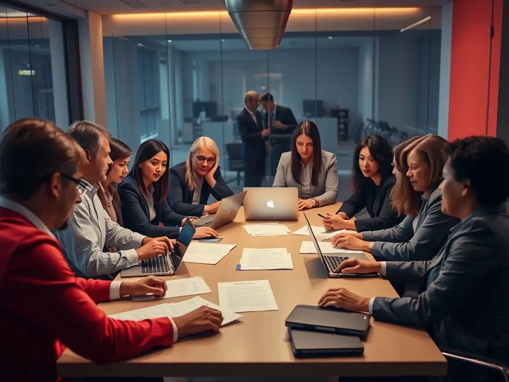 A group of diverse professionals collaborating in a modern office, representing the leadership development aspect of fellowships.