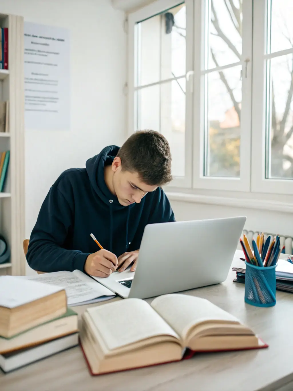 A focused student diligently working on a fellowship application at a desk filled with books and a laptop, bathed in soft, natural light.