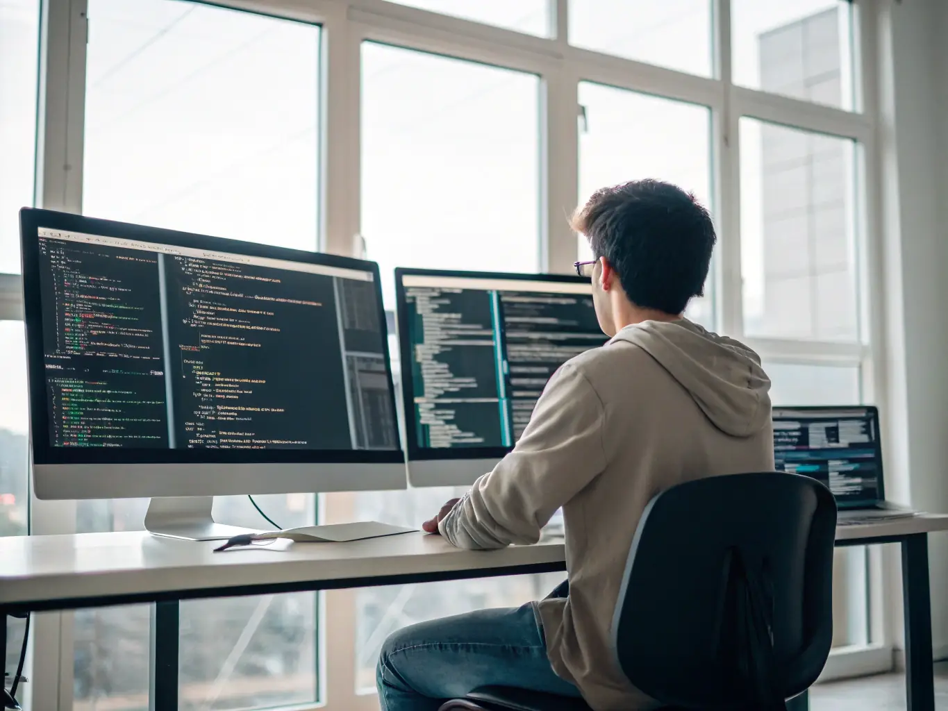 A student is coding at a computer during a software engineering internship, with multiple monitors displaying lines of code and development tools. The setting is a tech-focused office environment.