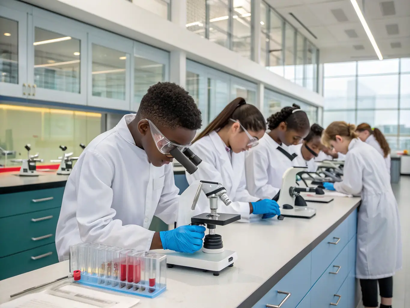 A group of interns are collaborating in a lab setting, wearing lab coats and working with scientific equipment. The atmosphere is collaborative and focused on research and development.
