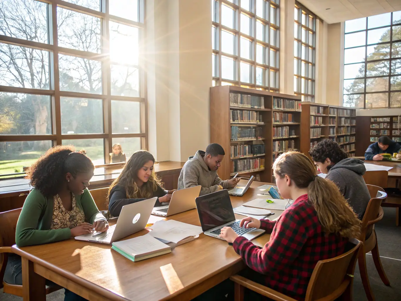 An image showing a diverse group of students studying together in a library, representing the collaborative and supportive environment scholarships can foster.