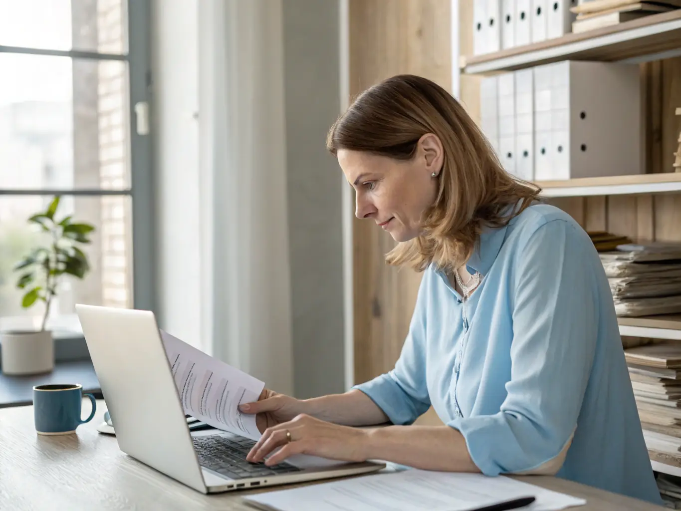 A young woman in a business casual outfit is working at a modern office desk, smiling as she reviews documents related to her internship project. The scene is bright and professional, conveying a sense of accomplishment and growth.
